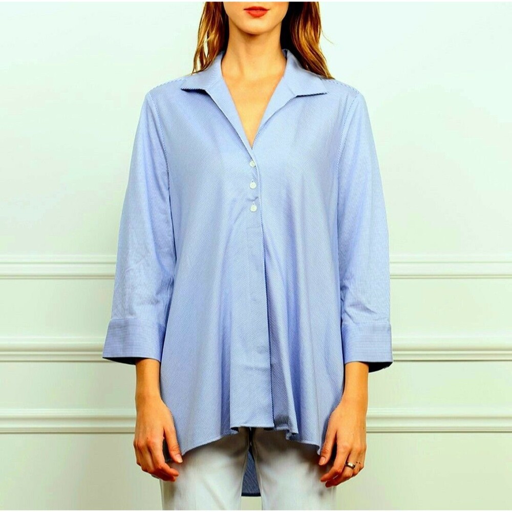 Hinson Wu Betty Wing Collar 100% Cotton Knit Button Down Shirt Tunic Top Size 16